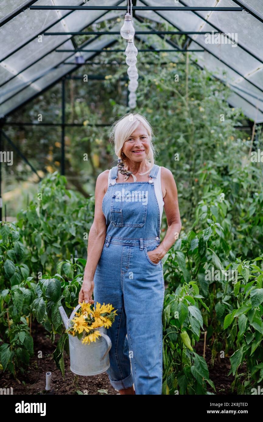 Ältere Frau posiert mit Gießkanne und Blumen in ihrem Gewächshaus, Gartenarbeit und nachhaltigem Lifestyle-Konzept. Stockfoto