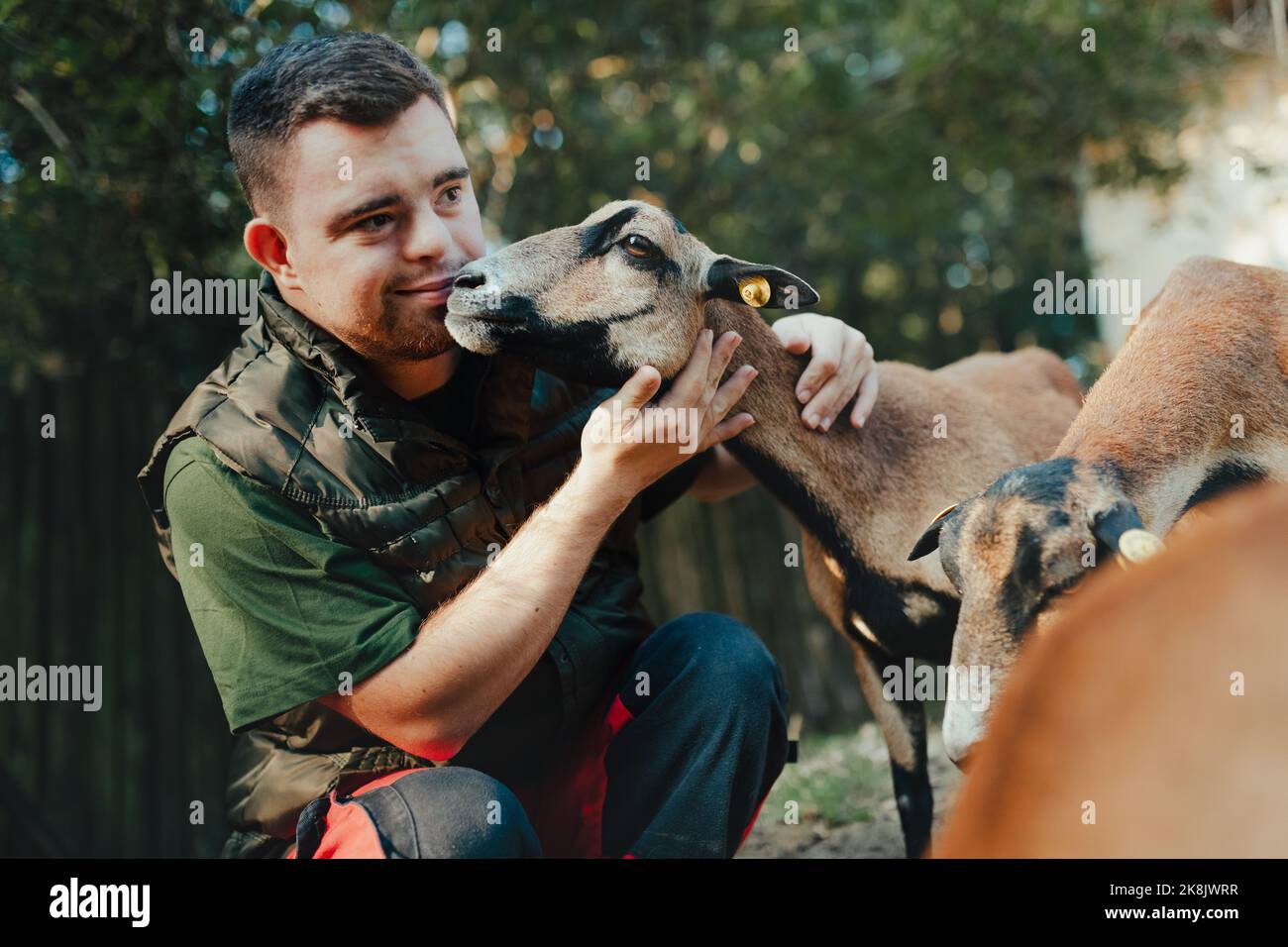 Hausmeister mit Down-Syndrom kümmert sich um Tiere im Zoo, streichelte Ziege. Konzept der Integration von Menschen mit Behinderungen in die Gesellschaft. Stockfoto
