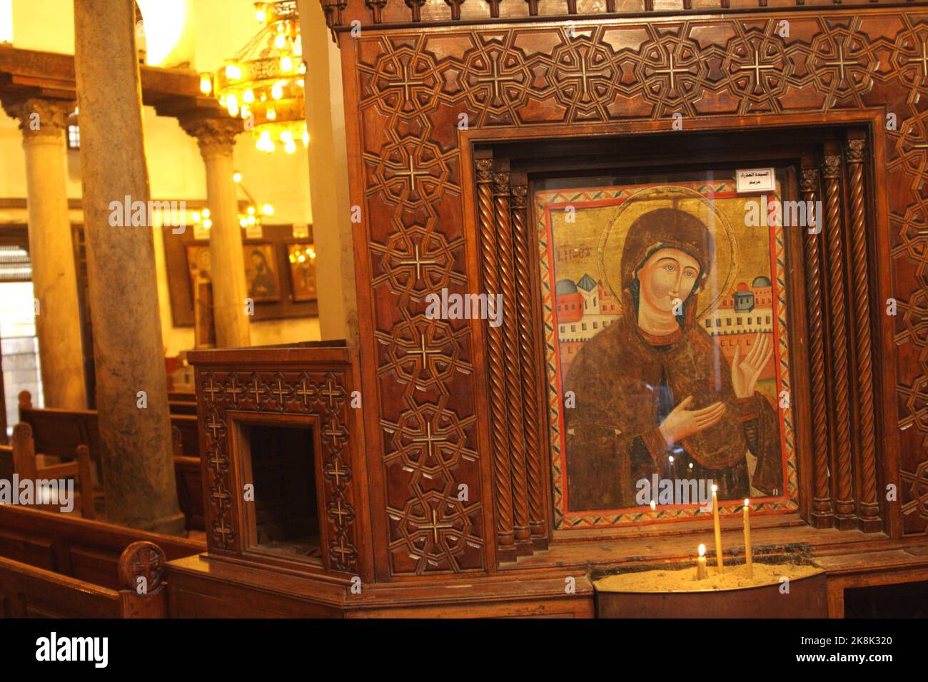 Ikone der Jungfrau Maria, der koptischen Kirche der Heiligen Sergius und Bacchus, koptisches Kairo, Ägypten Stockfoto
