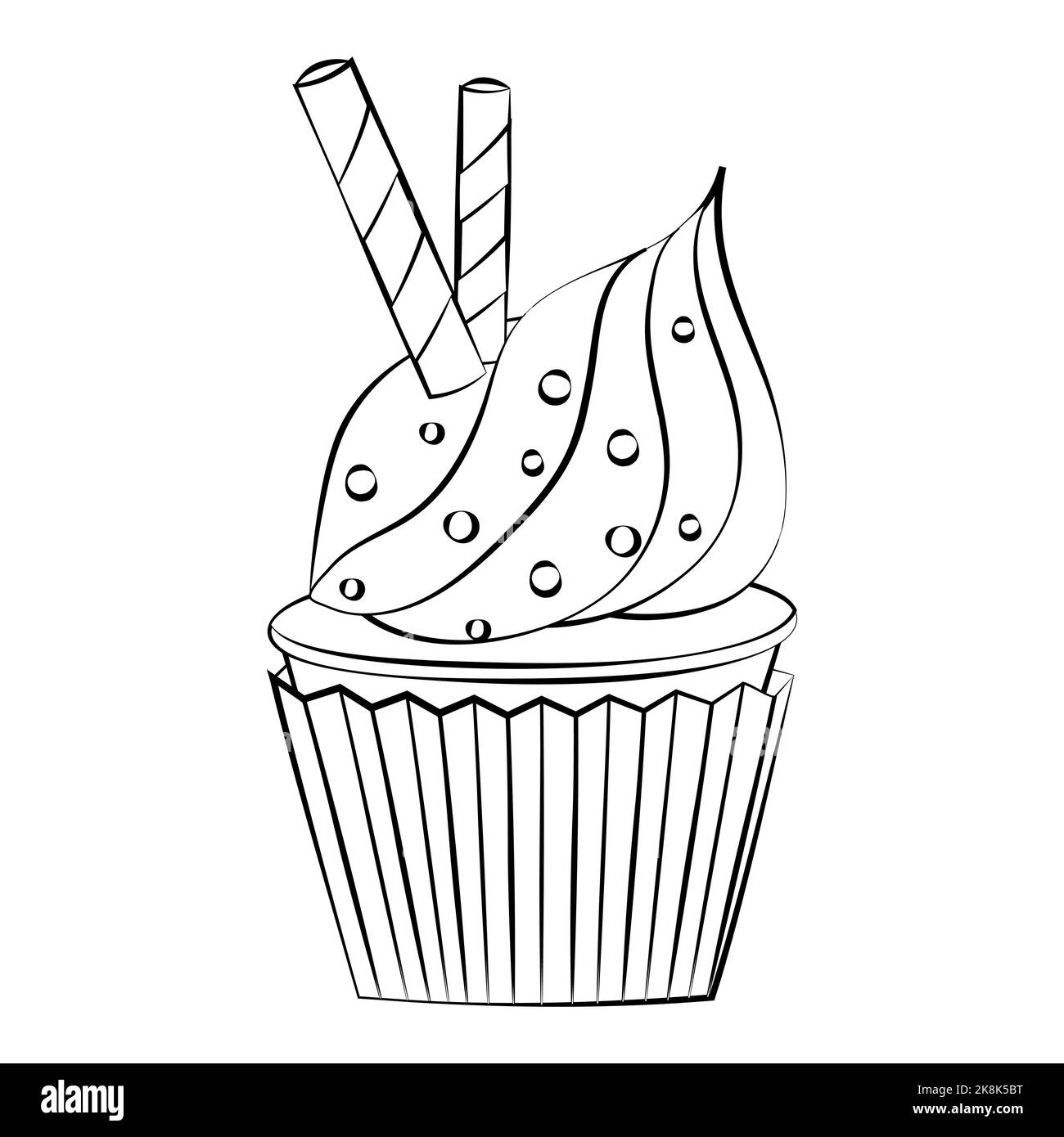 Cupcake mit Creme und Dekorationen mit einer dünnen Linie. Vektor auf weißem Hintergrund. Stock Vektor