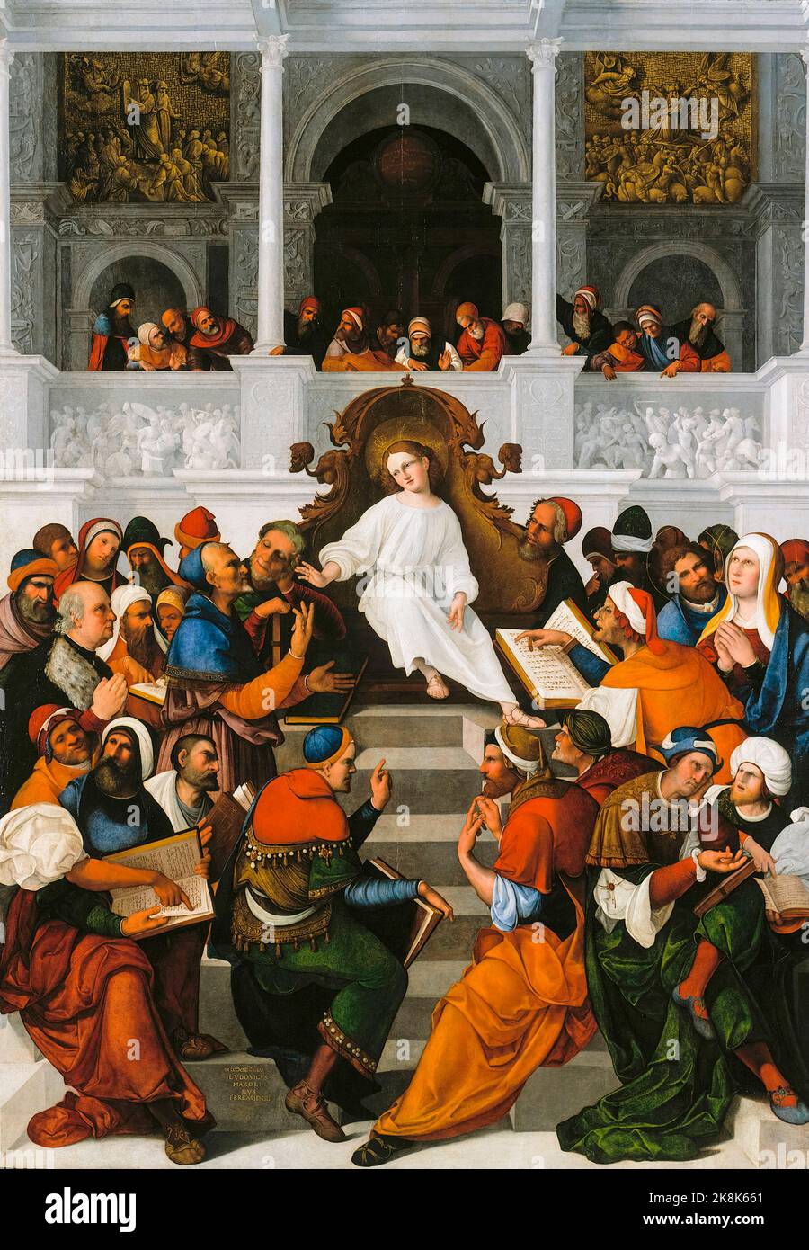 Die 12-jährige Jesus-Lehre im Tempel, Ölgemälde auf Tafel von Ludovico Mazzolino, 1524 Stockfoto