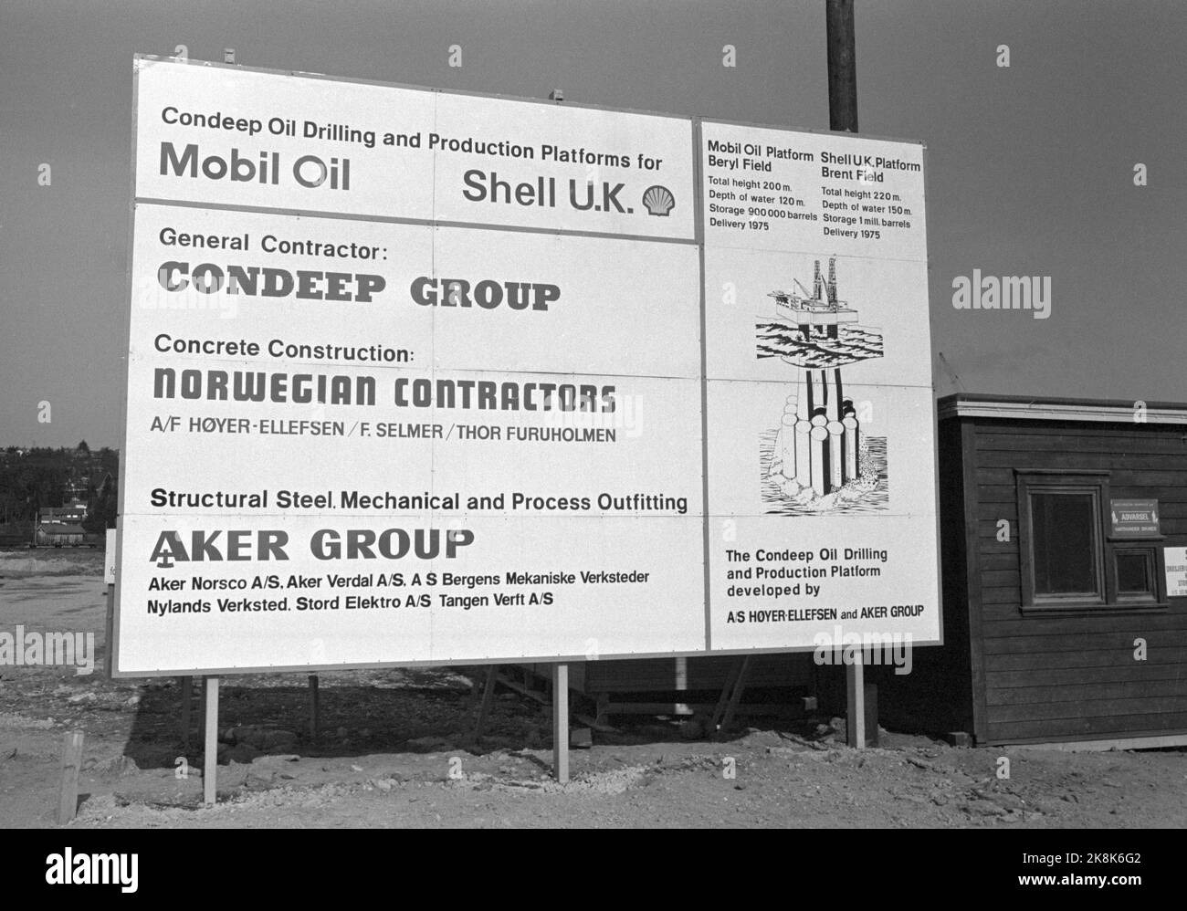 Hinnavågen 1974 State and Oil Modies zwei Ölplattformen sind im Bau für mobile und Shell. Die Plattformen gehen zu den Brennblöcken hinaus. Hier ist ein Schild, das die verschiedenen Unternehmer zeigt. Foto; Sverre A. Børretzen / Aktuell / NTB Stockfoto