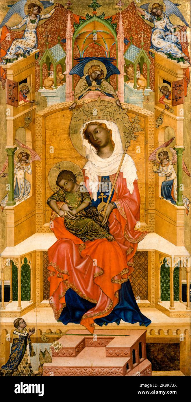 Maria thronte mit dem Kind und einem Spender (Glatzer Madonna), Gemälde aus Pappelholz vom böhmischen Meister, um 1350 Stockfoto