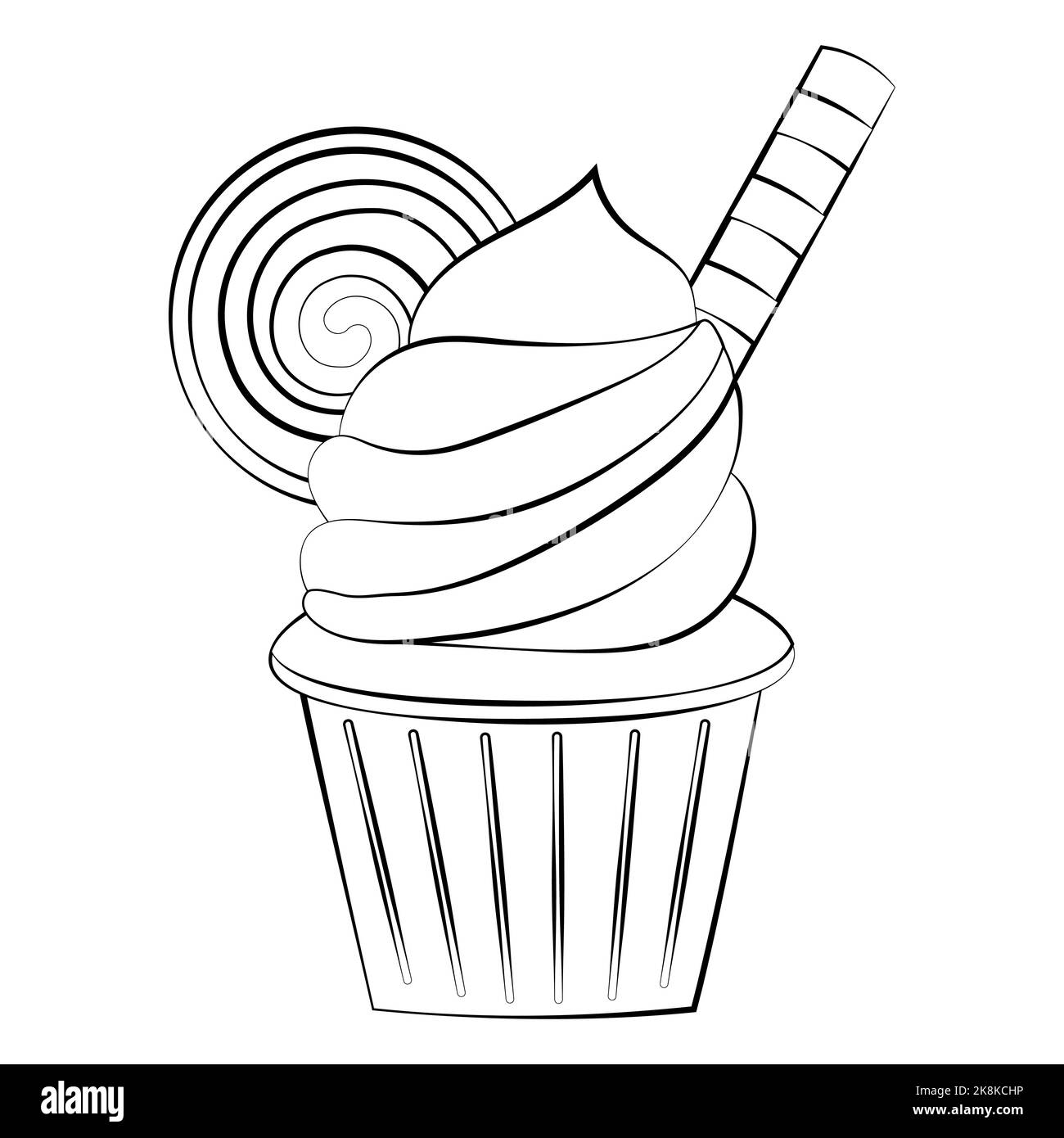 Cupcake mit Creme und Dekorationen mit einer dünnen Linie. Vektor auf weißem Hintergrund. Stock Vektor
