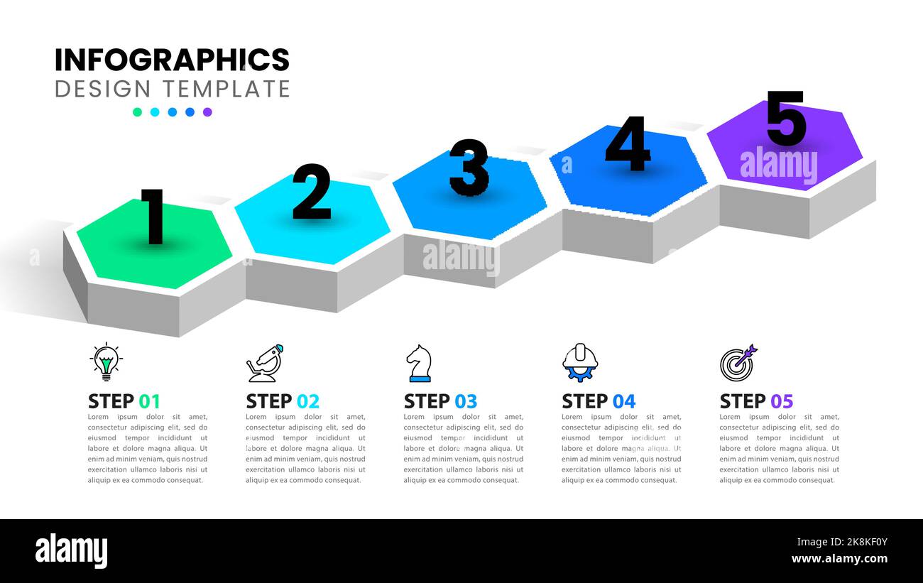 Infografik-Vorlage mit Symbolen und 5 Optionen oder Schritten. Sechskant. Kann für Workflow-Layout, Diagramm, Banner, webdesign verwendet werden. Vektorgrafik Stock Vektor
