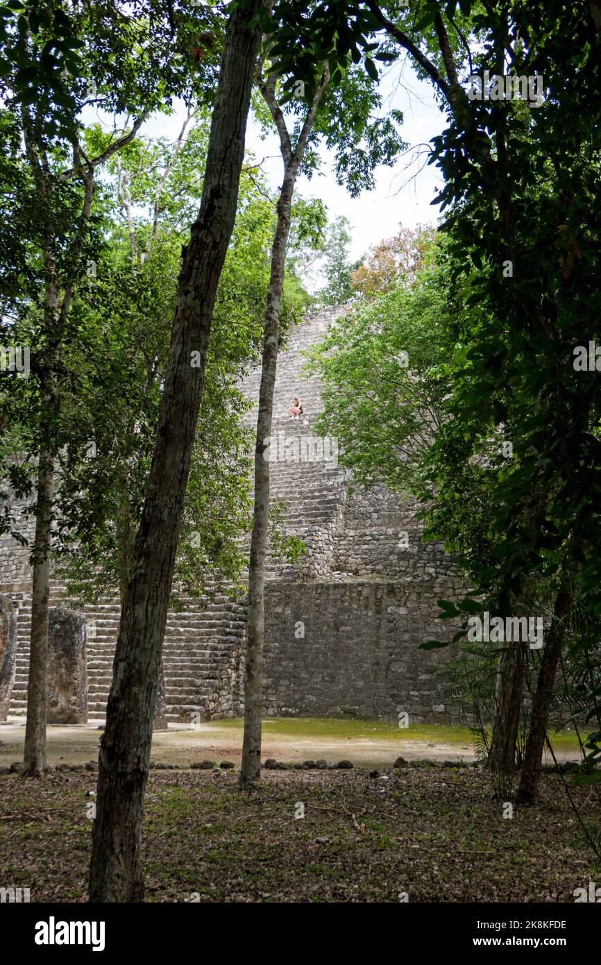 Müder Besucher ruht sich auf der Pyramide aus, die als Struktur 2 (oder Struktur II) in Calakmul bekannt ist, einer archäologischen Stätte der Maya im Dschungel von Campeche. Mexiko Stockfoto