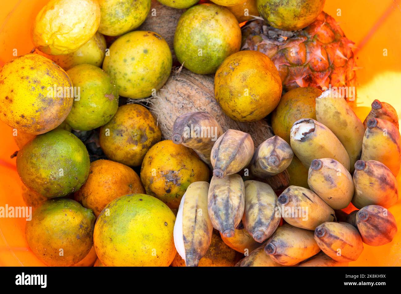Sortiment von tropischen Früchten zum Verkauf auf Road Shop, Sansibar, Tansania, Afrika Stockfoto