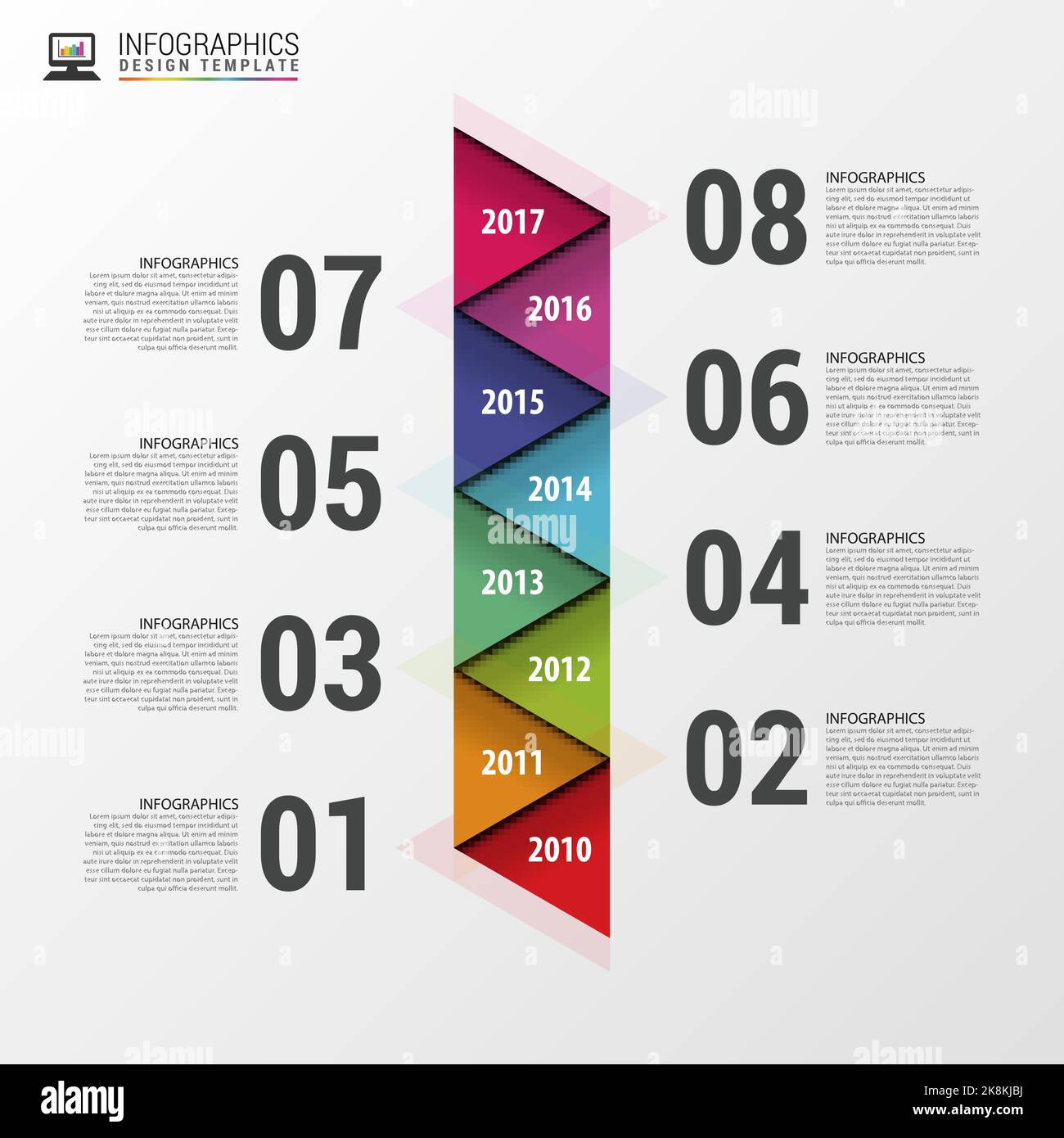 Flache, farbenfrohe, abstrakte Timeline-Infografiken. Vektorgrafik. Stock Vektor