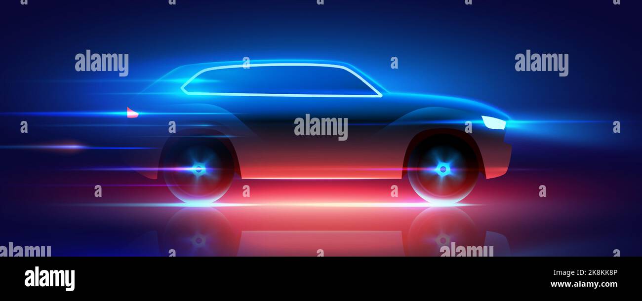 Schnell bewegende SUV-Auto mit blau und rot leuchtenden Neonlicht Rauschen mit hoher Geschwindigkeit, Vektor-Illustration. Energetische Automobil horizontale Poster Banner Design. Stock Vektor