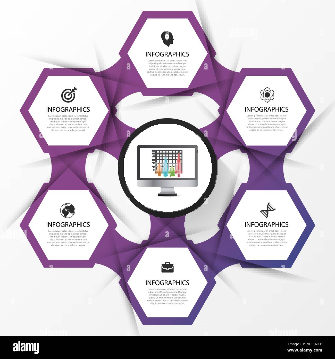 Geschäftskonzept mit 6 Optionen, Teilen, Schritten oder Prozessen. Vektorgrafik. Stock Vektor