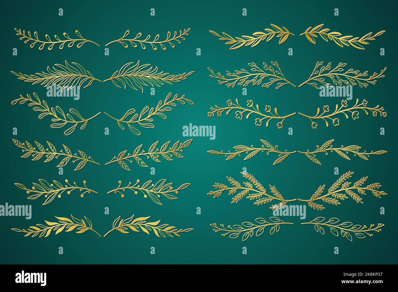Trennwände mit goldenem Blumenmuster in handgezeichneter Ausführung. Kräuter, Zweige, Blumen und Pflanzen. Bundle von botanischen Ornamenten Schriftrollen Dekoration und Stock Vektor