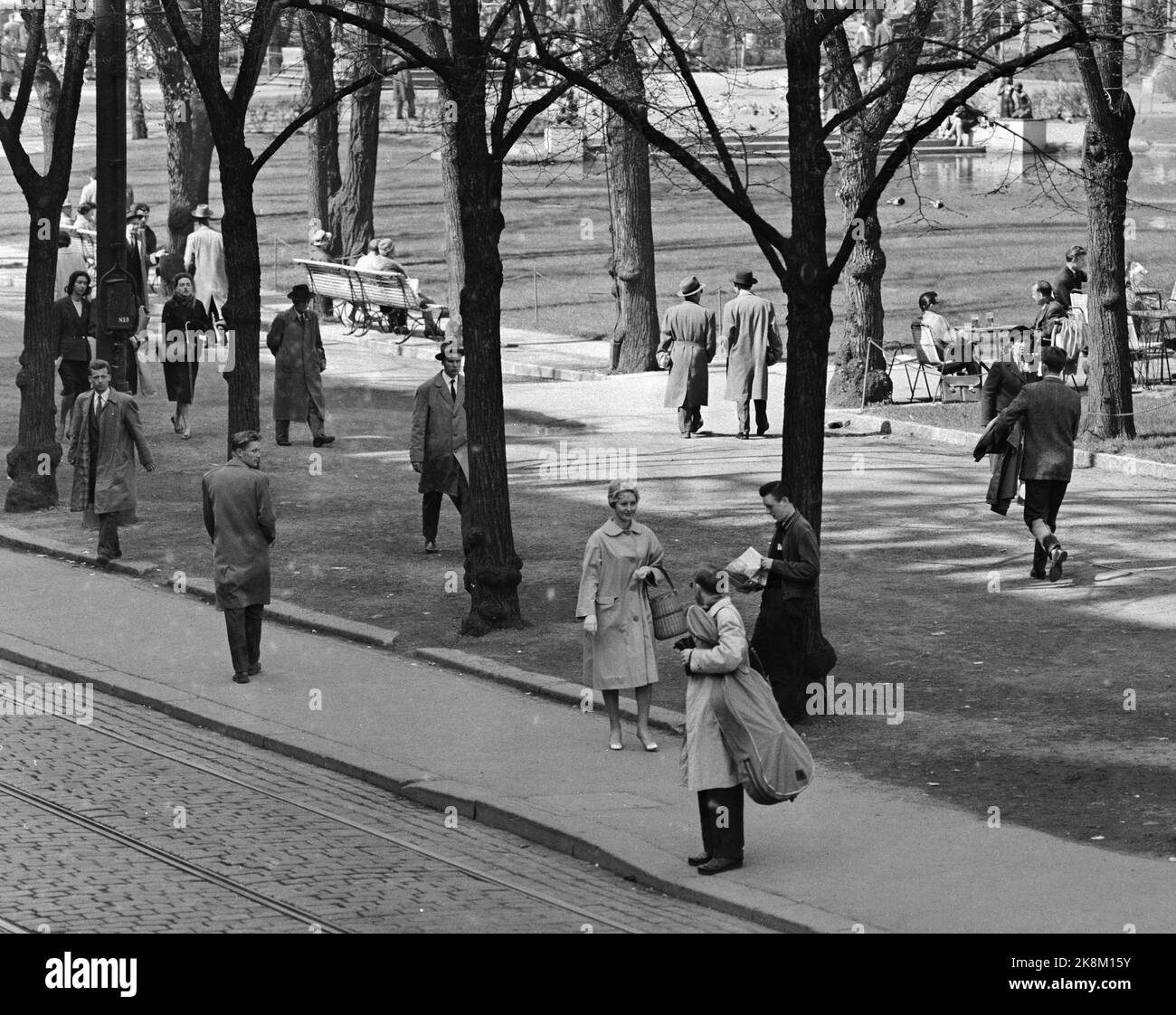 Oslo 19600604 "wo der Puls der Stadt klopft" Fotobericht aus Cecilhjørnet in Oslo. Stortingsgaten 8, überquerte das Stortingsgaten / Rosenkrantzgate. Die Kamera spiegelt das Leben des Tages an einer Straßenecke in Oslo wider. Junge Männer schicken bewundernde Blicke auf junge Frauen, die sie auf dem Bürgersteig passieren. Foto: Aage Storløkken / Aktuell / NTB Stockfoto