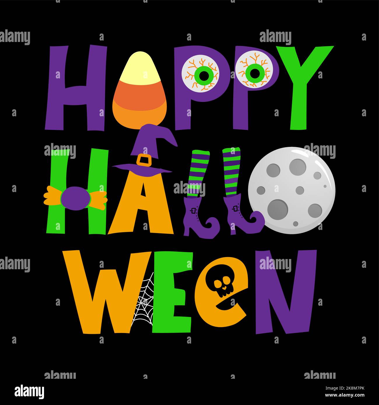 Happy Halloween - Halloween Zitat auf schwarzem Hintergrund mit Mond, Süßigkeiten, Hexenhut und Beinen. Gut für T-Shirt, Becher, Schrottbuchung, Geschenk, Druckpresse Stock Vektor