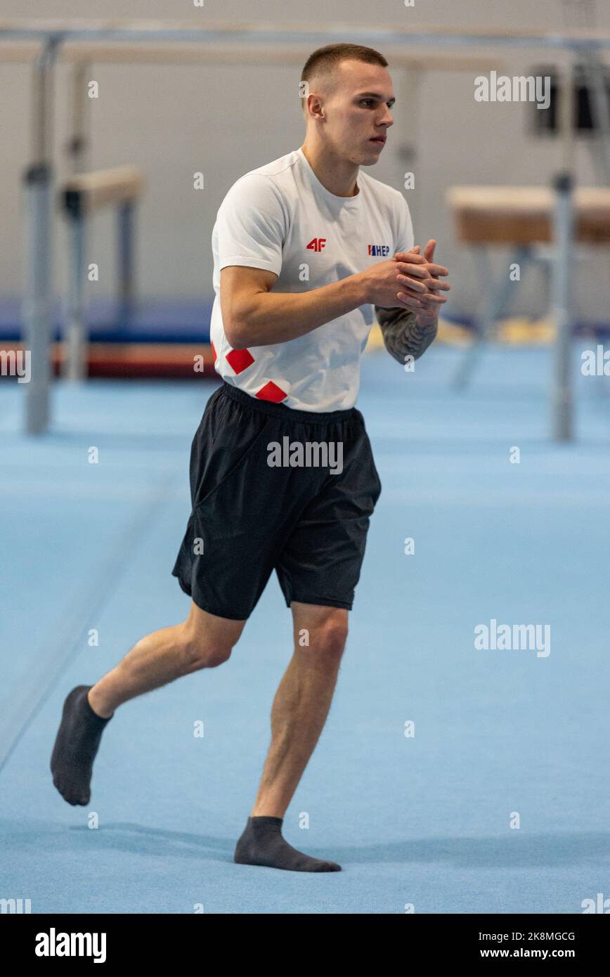 Der kroatische Turner Aurel Benovic zeigt sein Können vor der