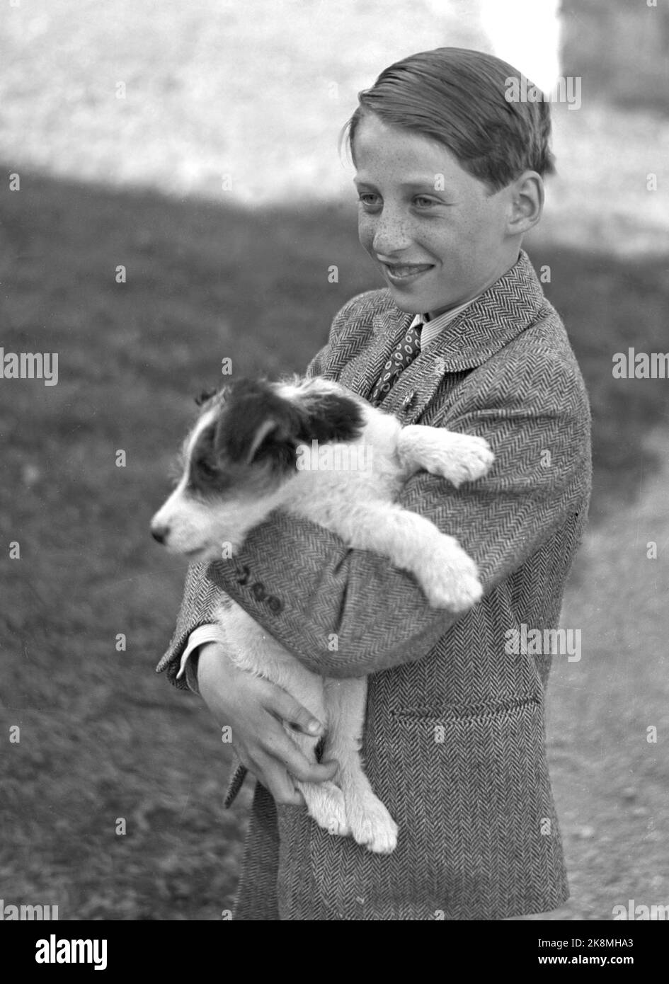 Asker 19460524. Die Kronprinzenfamilie fotografierte in Skaugum. Hier sehen wir Prinz Harald mit dem Familienhund. Foto: NTB Archive / NTB Stockfoto