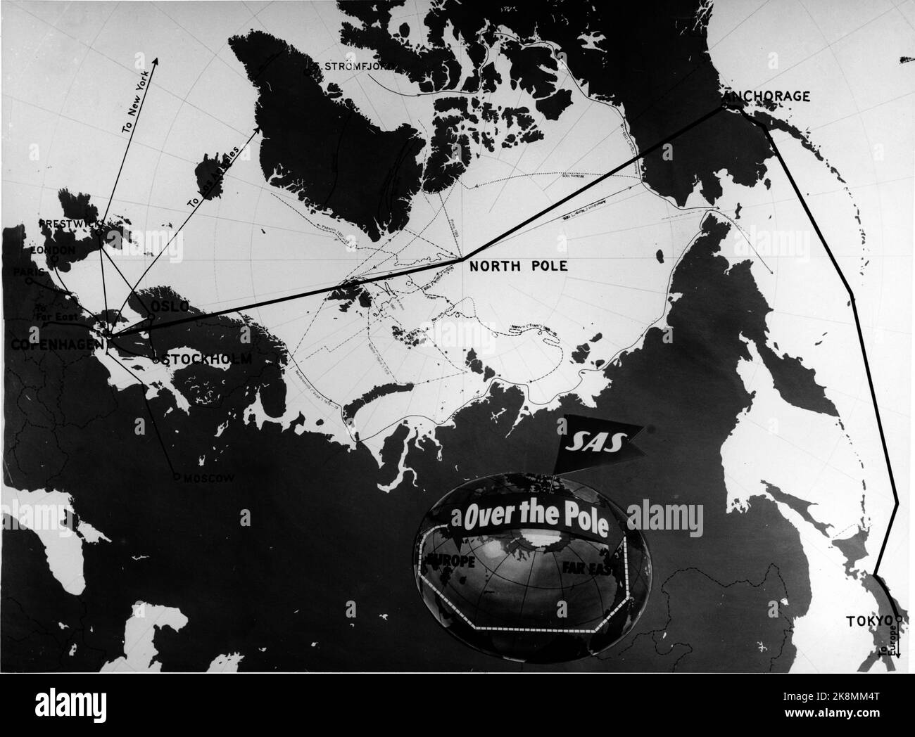 Kopenhagen, Dänemark 19570224 SAS schreibt Fluggeschichte, indem sie die weltweit erste Flugroute über den geografischen Nordpol eröffnet. Hier ist die Karte der Route, die zwischen Kopenhagen über Anchorage nach Tokio führte. Foto: NTB Archive / NTB Stockfoto