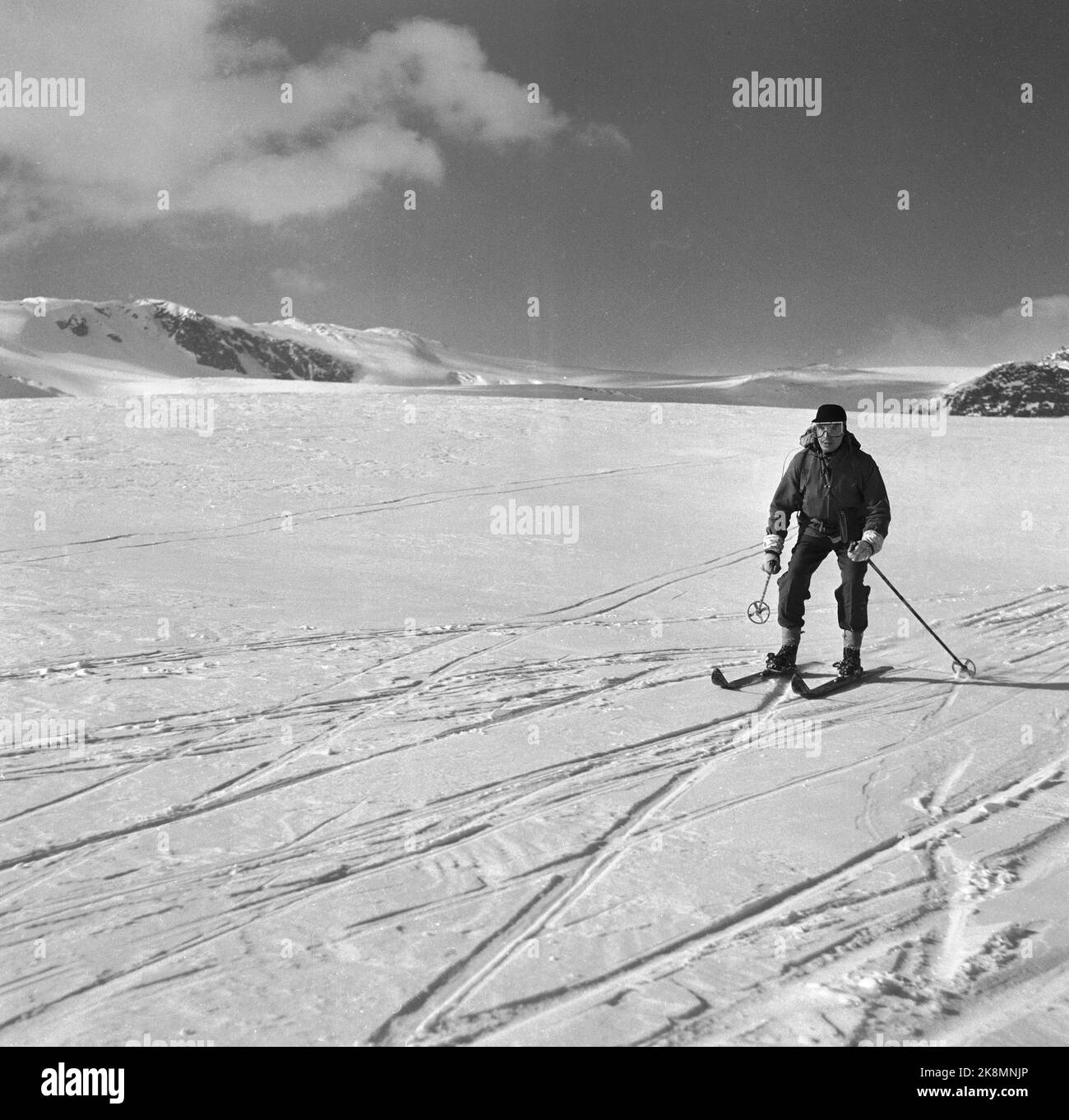 Finse Area 1956 'Tough Brits in the Mountains' 12 Briten, davon 3 Frauen, haben Mitte März gemeinsam mit norwegischen Skifahrern eine zehntägige Wanderung in den Gebieten um Finse durchgeführt. Die Tour wurde vom Tourismusverband organisiert, und zwei Hundeteams vom Hundeclub Draw waren auf der Reise. Hier: Der 56-jährige Mr. Cleeves in schöner Manier auf einem kleinen Hügel. Bis zu seinem 51. Lebensjahr hatte er keine Skier auf den Füßen. Foto; Aage Storløkken / Aktuell / NTB Stockfoto