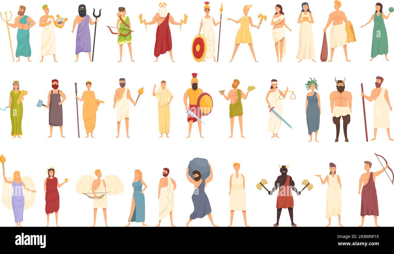 Griechische Mythologie-Symbole setzen Cartoon-Vektor. Gott, roman. Hestia Amor Stock Vektor