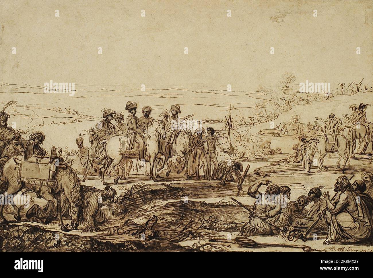 Jean Simon Berthélémy Bonaparte beim Besuch der Brunnen von Moïse in der Sinaï (28.. Dezember 1798) 1807 Braunes Stift- und Tuschezeichnung auf braunem Waschgang (61,2 x 75 cm) Alberto Ricci Foto Stockfoto
