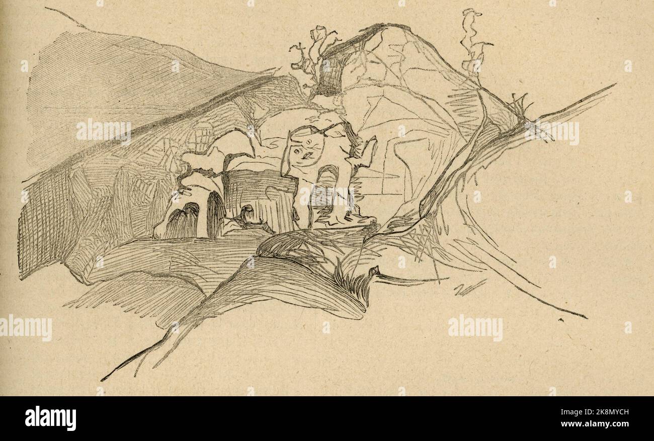Felsarchitektur. Pyrénées, 1843. Kapitel VIII Illustrator: Victor Hugo. Illustration aus 'en voyage. Alpes et Pyrénées' und Teil einer Reihe von Stichen, die im Band XV von Victor Hugos 'oeuvres complètes' veröffentlicht wurden. Buch herausgegeben von der Société anonyme de publications périodiques P. Mouillot. Kein Datum. Stockfoto