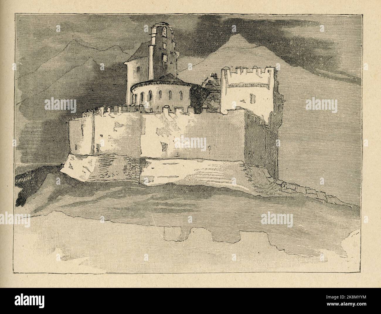 Luz. Die Kirche wurde von Templer erbaut. Pyrénées, 1843. Kapitel XV. Illustrator: Victor Hugo. Illustration aus 'en voyage. Alpes et Pyrénées' und Teil einer Reihe von Stichen, die im Band XV von Victor Hugos 'oeuvres complètes' veröffentlicht wurden. Buch herausgegeben von der Société anonyme de publications périodiques P. Mouillot. Kein Datum. Stockfoto