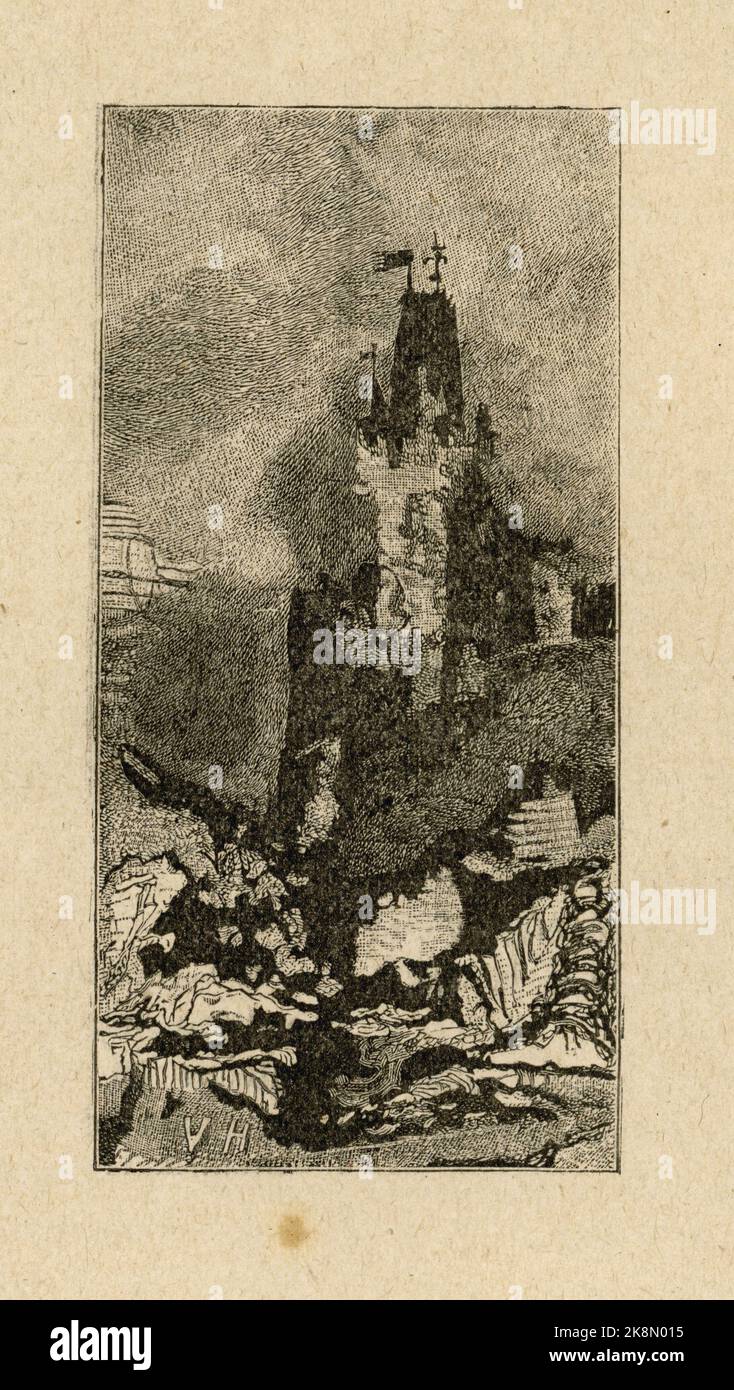 Ruinen. Pyrénées, 1843. Kapitel IX. Illustrator: Victor Hugo. Illustration aus 'en voyage. Alpes et Pyrénées' und Teil einer Reihe von Stichen, die im Band XV von Victor Hugos 'oeuvres complètes' veröffentlicht wurden. Buch herausgegeben von der Société anonyme de publications périodiques P. Mouillot. Kein Datum. Stockfoto