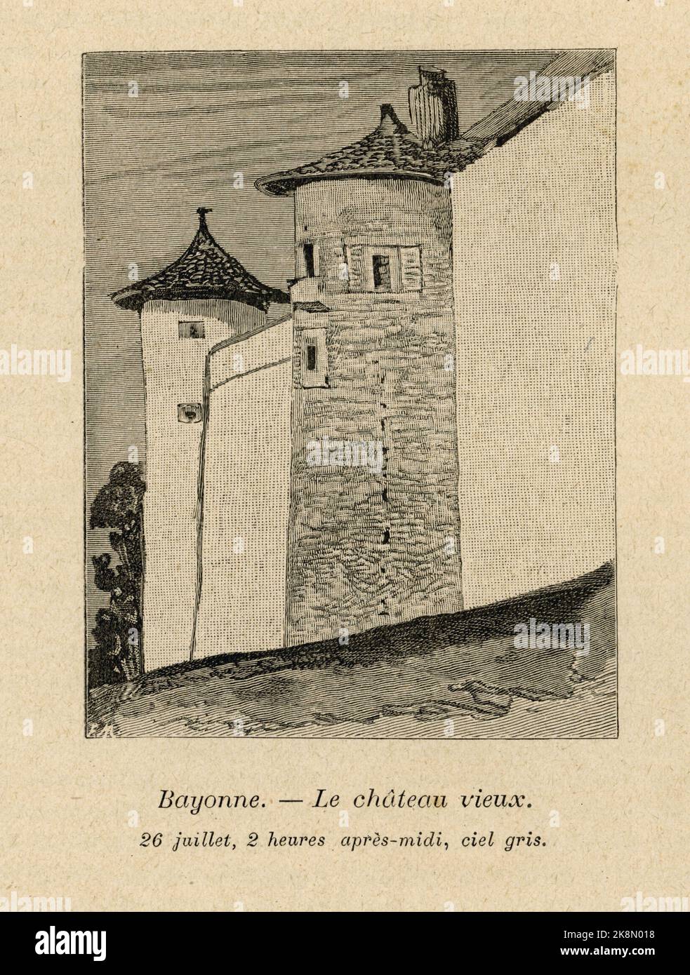 Das Château-Vieux in Bayonne. Pyrénées, 1843. Kapitel III Illustrator: Victor Hugo. Illustration aus 'en voyage. Alpes et Pyrénées' und Teil einer Reihe von Stichen, die im Band XV von Victor Hugos 'oeuvres complètes' veröffentlicht wurden. Buch herausgegeben von der Société anonyme de publications périodiques P. Mouillot. Kein Datum. Stockfoto