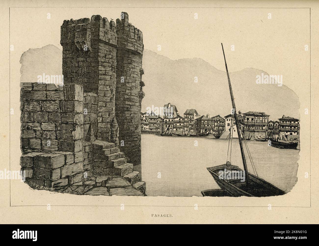 Pasages. Pyrénées, 1843. Kapitel VIII Illustrator: Victor Hugo. Illustration aus 'en voyage. Alpes et Pyrénées' und Teil einer Reihe von Stichen, die im Band XV von Victor Hugos 'oeuvres complètes' veröffentlicht wurden. Buch herausgegeben von der Société anonyme de publications périodiques P. Mouillot. Kein Datum. Stockfoto