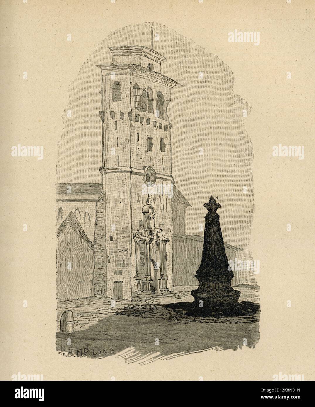 Pamplona: Der große Turm. Pyrénées, 1843. Kapitel X. Illustrator: Victor Hugo. Illustration aus 'en voyage. Alpes et Pyrénées' und Teil einer Reihe von Stichen, die im Band XV von Victor Hugos 'oeuvres complètes' veröffentlicht wurden. Buch herausgegeben von der Société anonyme de publications périodiques P. Mouillot. Kein Datum. Stockfoto