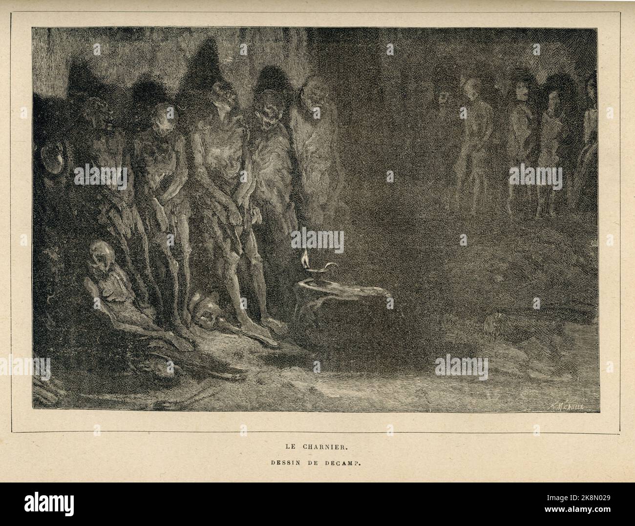 Das Massengrab. Pyrénées, 1843. Kapitel III Illustrator: Decamp. Illustration aus 'en voyage. Alpes et Pyrénées' und Teil einer Reihe von Stichen, die im Band XV von Victor Hugos 'oeuvres complètes' veröffentlicht wurden. Buch herausgegeben von der Société anonyme de publications périodiques P. Mouillot. Kein Datum. Stockfoto