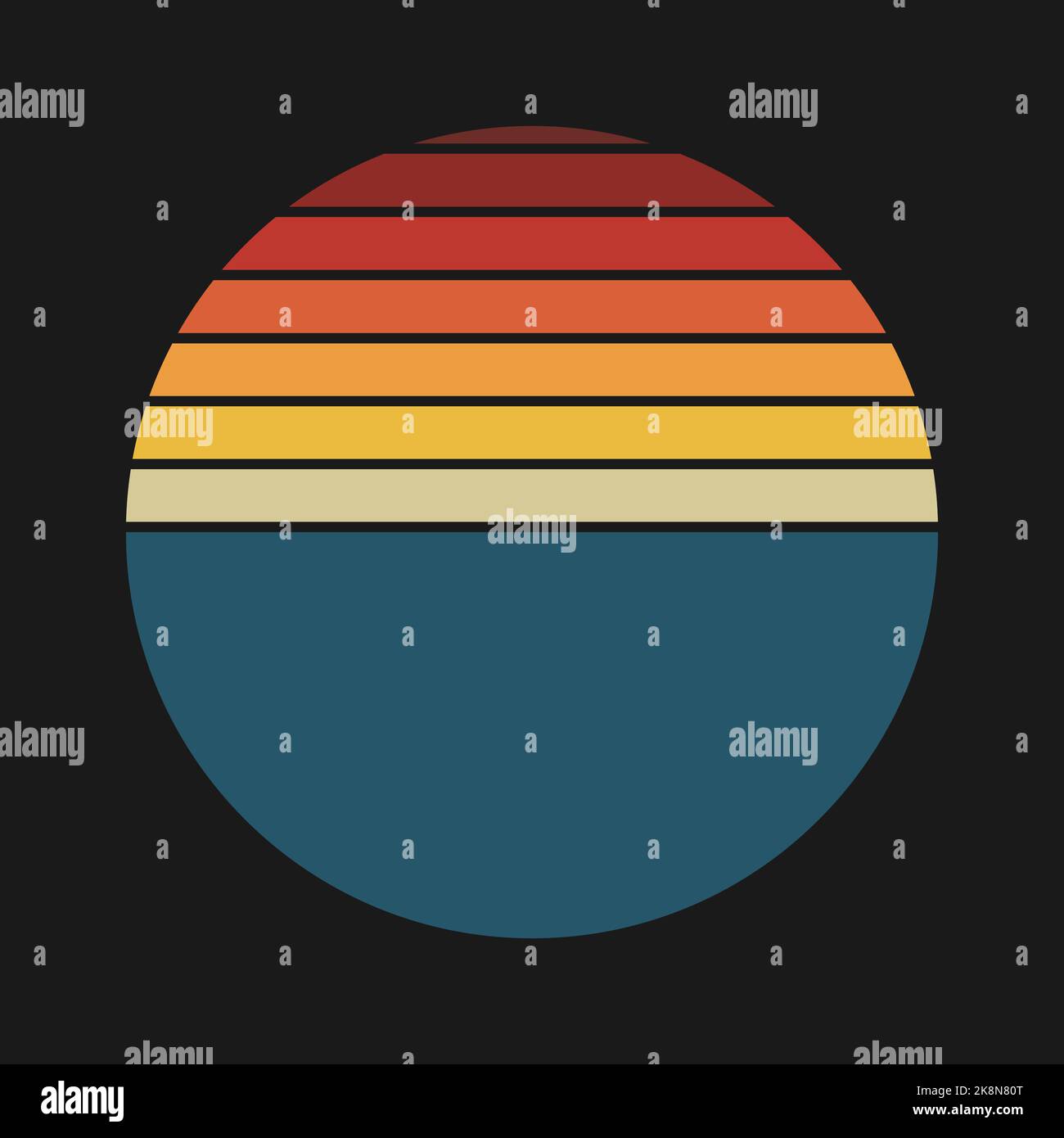 Farbenfrohe kreisförmige 70s Retro-Stil Design-Element auf dunklem Hintergrund, abstrakte Sonnenuntergang Vektor-Illustration Stock Vektor