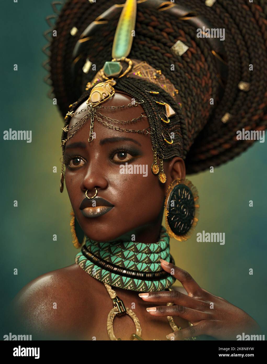 3D Computergrafiken eines Porträts afrikanischer Schönheit mit Schmuck und Kopfschmuck Stockfoto