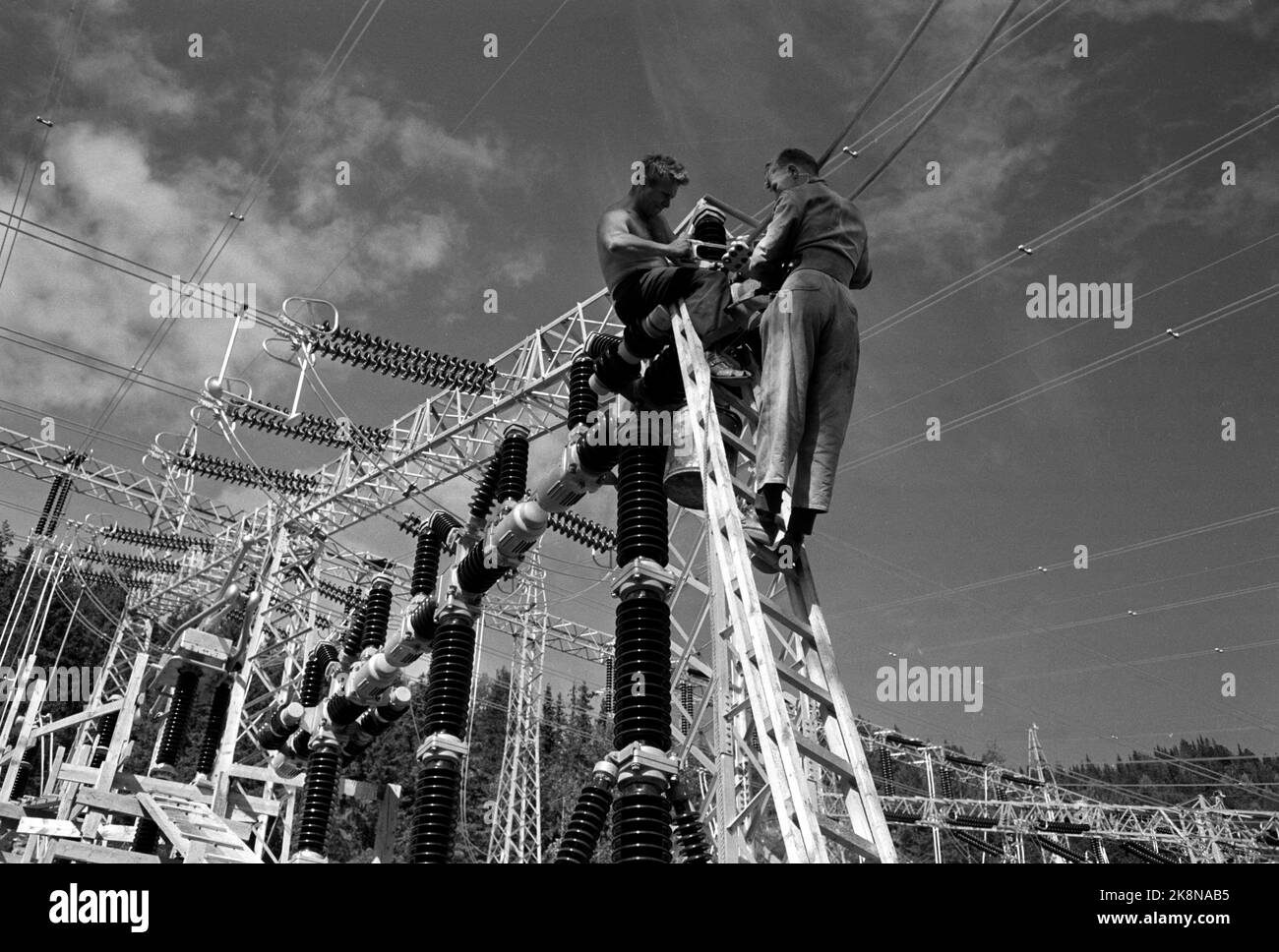 Dalen in Telemark August 1961 Tokke-Kraftwerke werden bald in Betrieb sein und Strom für 80.000 Menschen produzieren. Hier arbeiten Arbeiter im Prozess der Montage von Kabeln auf Masten. Luftiger Arbeitsplatz, gefährliche Arbeit. Foto: Børretzen / Aktuell / NTB Stockfoto