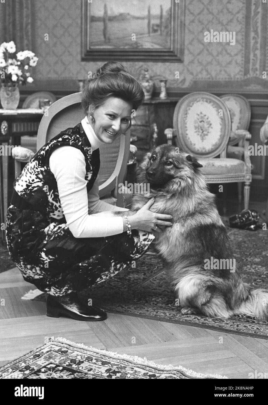 Skaugum 19701219. Kronprinzessin Sonja öffnet die Türen von Skaugum für die Presse. Current hatte ein informelles Gespräch mit ihr in der Bibliothek. Ein Interview oder ein Gespräch mit einem Vertreter der königlichen Familie ist in diesem Land eigentlich ein kleines Ereignis. Hier wird die Kronprinzessin mit dem Hund Cherie fotografiert, wie sie nach der Hochzeit erworben hat. Foto: Aage Storløkken Current / NTB Stockfoto