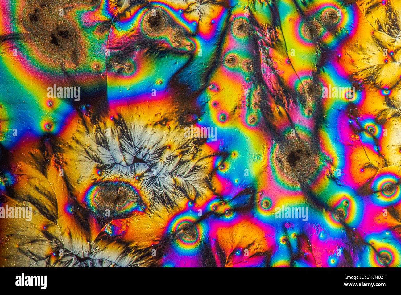Extreme Makrofotografie von Vitamin C-Kristallen, die abstrakte Muster moderner Kunst bilden, wenn sie mit polisiertem Licht unter einem Mikroskop beleuchtet werden Stockfoto