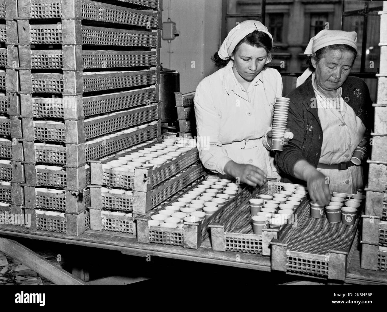 Oslo Frühling 1949. Abkühlung auf dem Stick aus der gemeinsamen Milcheiproduktion. Nach dem Gesetz verkaufen nur Milchläden und andere Milch in losem Gewicht, die Eiscreme auf Keksen verkaufen durften, so dass die meisten Eiscreme und Eiscreme in Bechern hergestellt wurden. Hier legen Solveig Pettersen (TV) und Petra Strand, wie bei der Blitzgeschwindigkeit, die leeren Fledermäuse in die Formen, die mit dem Sprüher gefüllt werden sollen. Foto: Sverre A. Børretzen / Aktuell / NTB. Stockfoto