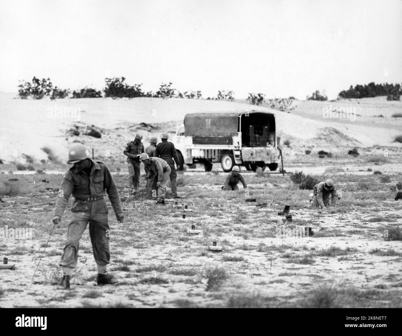 Gaza, 1957: Die UN-Kader in der Sinai-Wüste zogen in den Gazastreifen, nachdem Israel diesen umstrittenen Landstrich evakuiert hatte. Die UNO hat eine wichtige Friedensaufgabe und eine große Verantwortung übernommen. Ein gefährliches Minenfeld wurde kürzlich in einem Gebiet entdeckt, das die UNO täglich mit dem Verkehr bedrängt. Glücklicherweise wurde niemand verletzt. Aber das Minenfeld wurde sofort gereinigt - eine gefährliche Arbeit, die große Sorgfalt erfordert. Foto: Sverre A. Børretzen / Aktuell / NTB Stockfoto