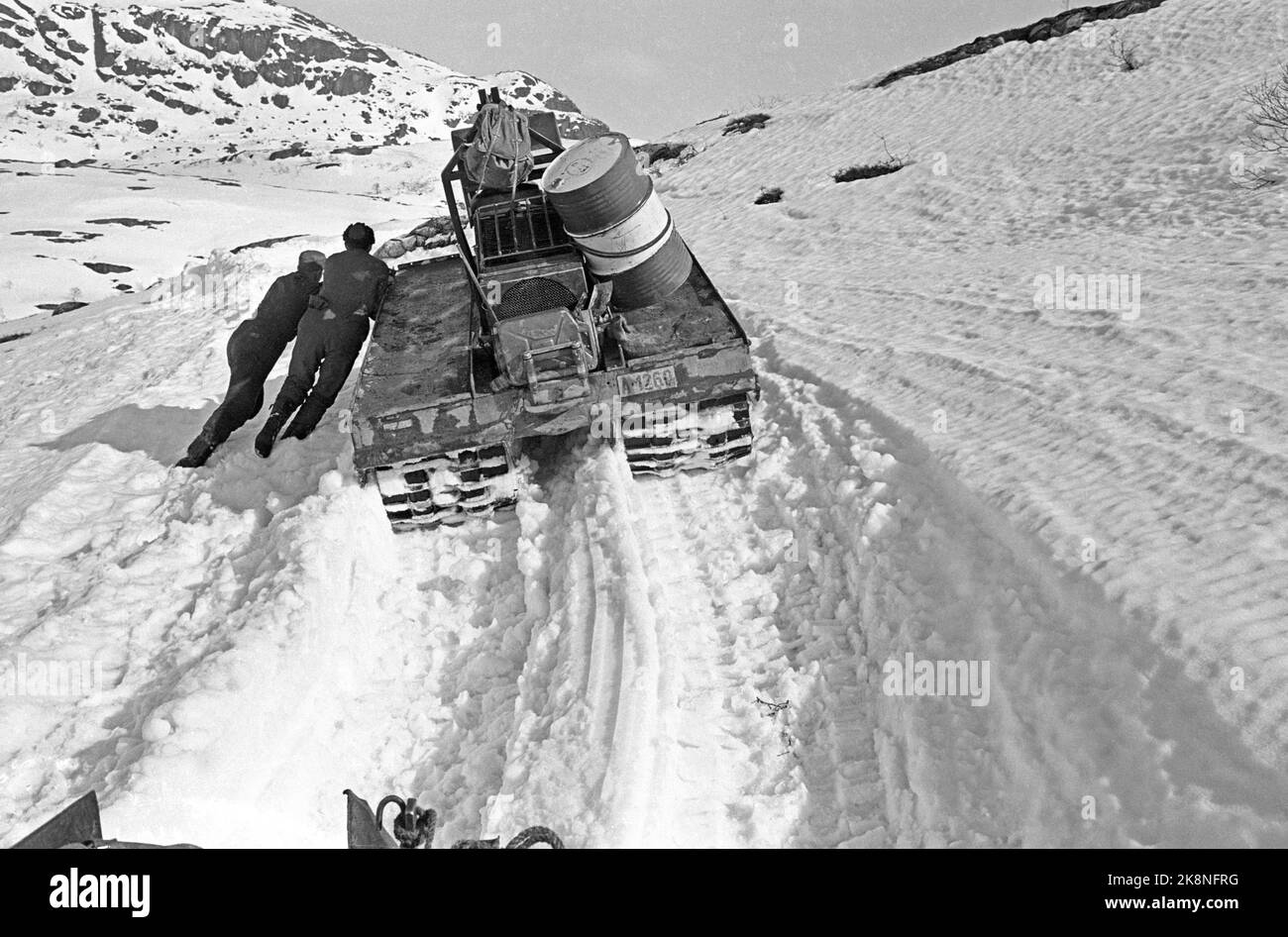 Die Sirdalsheiene, Vest-Agder 19660320. Über der Sirdalsheiene wird eine Stromleitung gebaut, und mithilfe von Gürtelautos wurde Zement zu den Mastfundamenten im Berg gebracht. Die Arbeiter drücken, während der Gürtelwagen die Landschaft erreicht. Foto: Aage Storløkken / Aktuell / NTB physisch: Aktuelle Nr. 19/1966: Sie führen eine Stromleitung in die Berge. SPBEKEIL Stockfoto