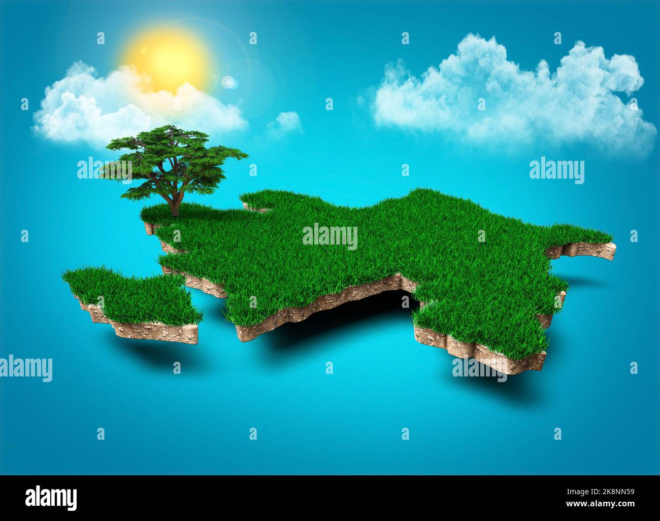 Aserbaidschan Karte, realistisch 3D Karte von Aserbaidschan Wolken Baum Sonnenstrahlen auf hellblauem Himmel 3D Illustration Stockfoto