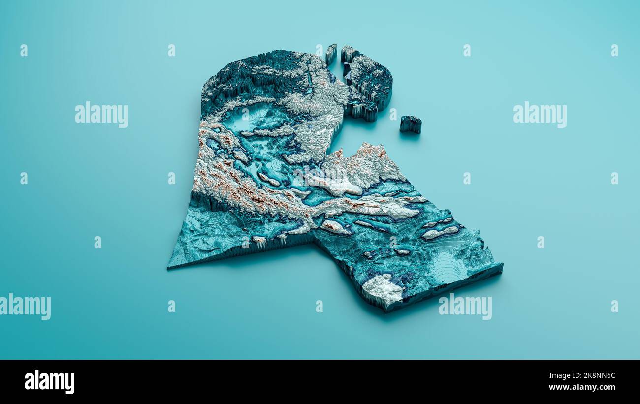 Topographische Kuwait-Karte Hypsometric Kuwaiti Elevation Tint Spectral Shaded Relief-Karte 3D Illustration Stockfoto