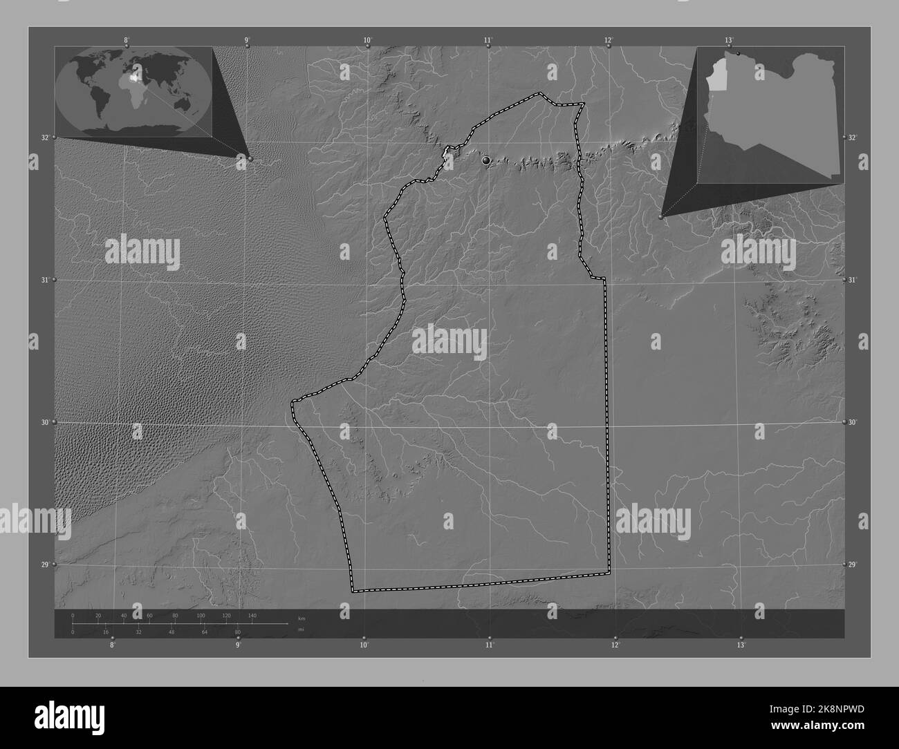 Nalut, Bezirk von Libyen. Bilevel-Höhenkarte mit Seen und Flüssen. Karten für zusätzliche Eckposition Stockfoto