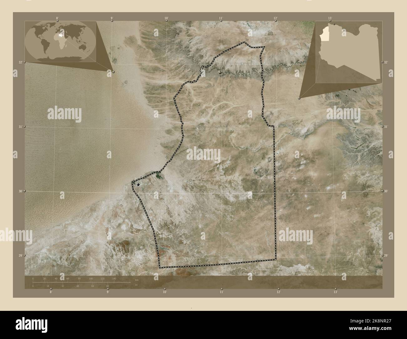 Nalut, Bezirk von Libyen. Hochauflösende Satellitenkarte. Standorte der wichtigsten Städte der Region. Karten für zusätzliche Eckposition Stockfoto