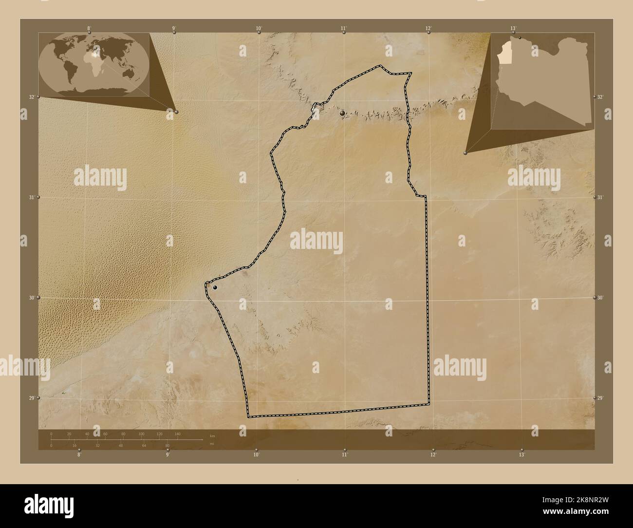 Nalut, Bezirk von Libyen. Satellitenkarte mit niedriger Auflösung. Standorte der wichtigsten Städte der Region. Karten für zusätzliche Eckposition Stockfoto