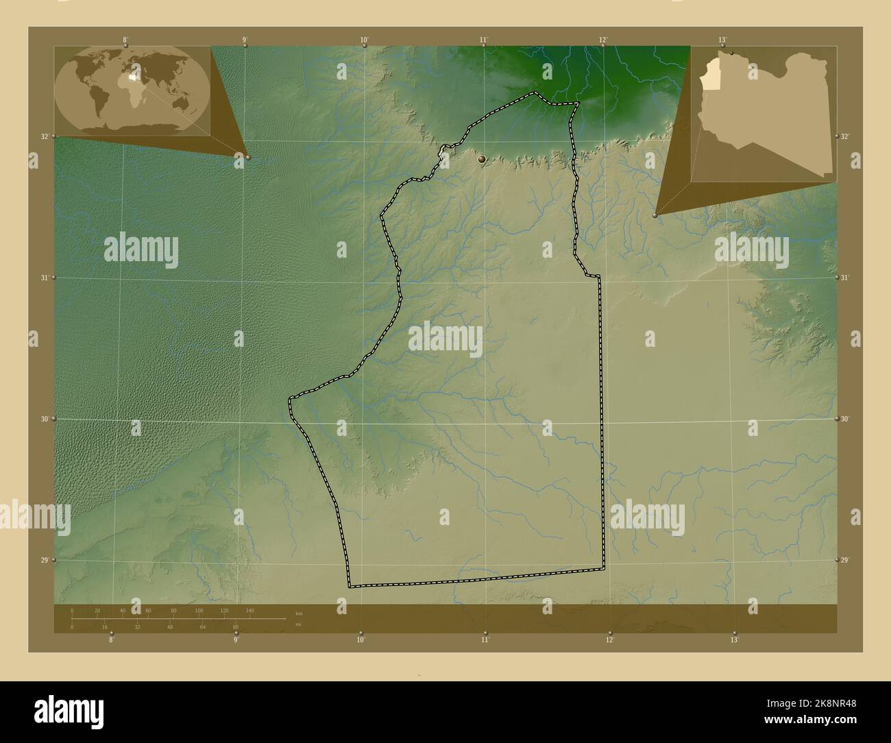 Nalut, Bezirk von Libyen. Farbige Höhenkarte mit Seen und Flüssen. Karten für zusätzliche Eckposition Stockfoto