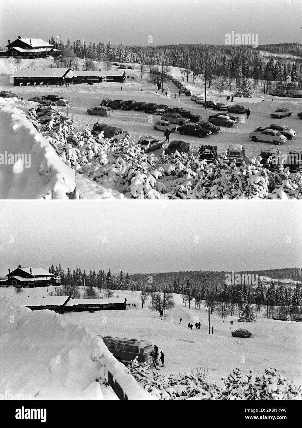 Oslo 19731209 die Ölkrise Verbot das Fahren an Wochenenden. Diese Bilder zeigen, dass das Verbot weitgehend eingehalten wurde. Das obere Bild wurde am Samstag auf den Frognerseteren aufgenommen, eine Stunde vor Inkrafttreten des Verbots. Nizza Skifahren hatte viele auf den Feldern auf dem Skifahren gelockt, und viele Autos wurden auf dem Parkplatz geparkt. Das untere Bild wird einige Minuten später aufgenommen. 15,00 als das Verbot in Kraft getreten war. Ein Auto- sowie ein Bus mit einer Ausnahme ist alles, was im Ort bleibt. Foto: NTB / NTB Stockfoto