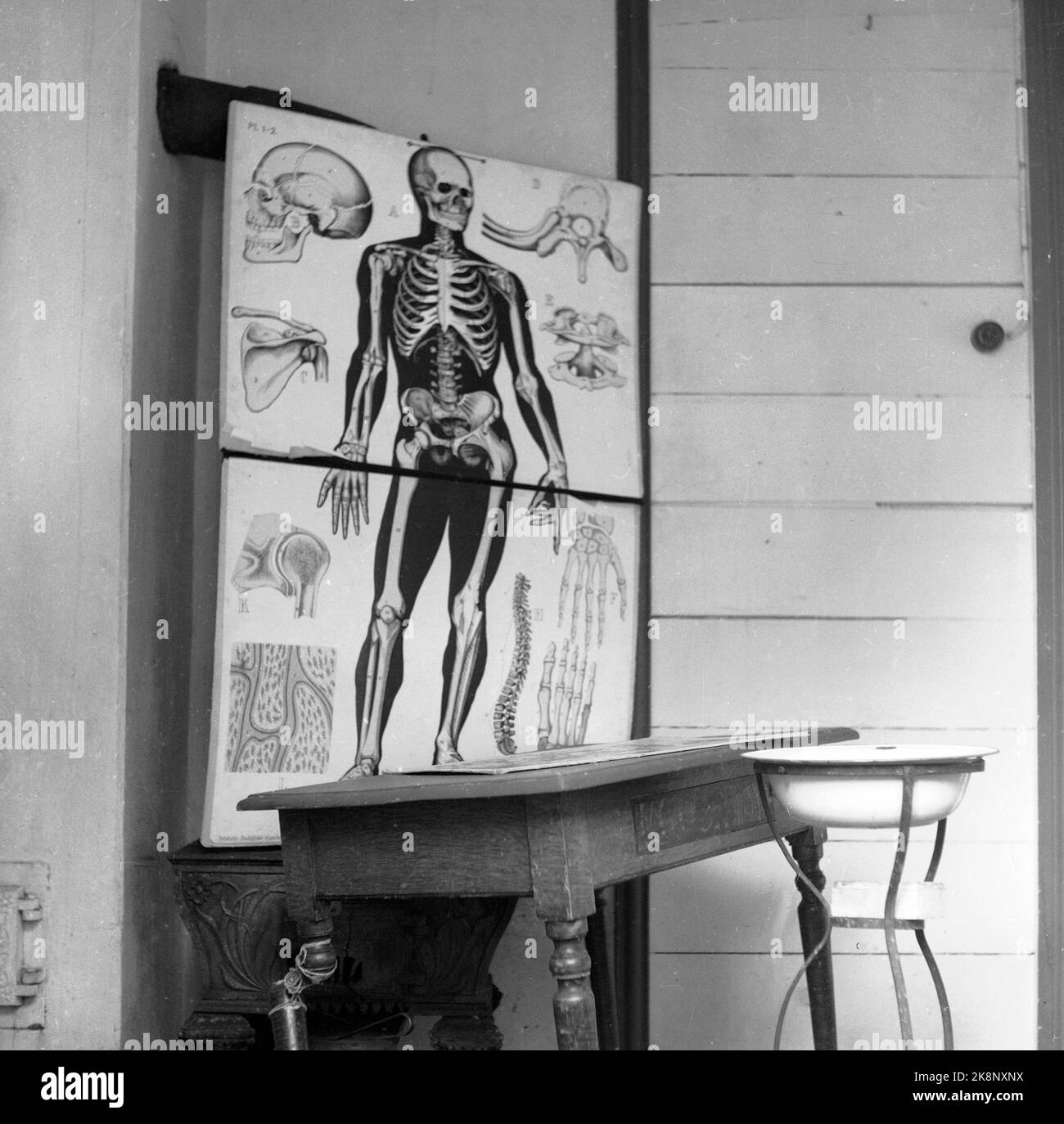 Lofoten, Winter 1951. Mehrere Fischerdörfer in Lofoten werden geräumt, weil sie ohne Strom, Straßen-, Kais- und Telefonanschluss nicht betrieben werden können. An einigen Orten haben die Gemeinden beantragt, Geld vom Staat zu bewegen, um die Häuser und die gesamte Bevölkerung zu bewegen. Hier Innenräume aus dem verlassenen Schulgebäude in Helle, fotografiert durch ein kaputtes Fenster. Foto: Sverre A. Børretzen / Aktuell / NTB Stockfoto