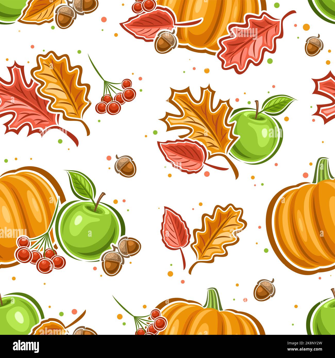 Vektor Thanksgiving Day nahtloses Muster, quadratischer, sich wiederholender Hintergrund mit Illustrationen verschiedener herbstlicher Stillleben-Kompositionen auf weißem Hintergrund Stock Vektor