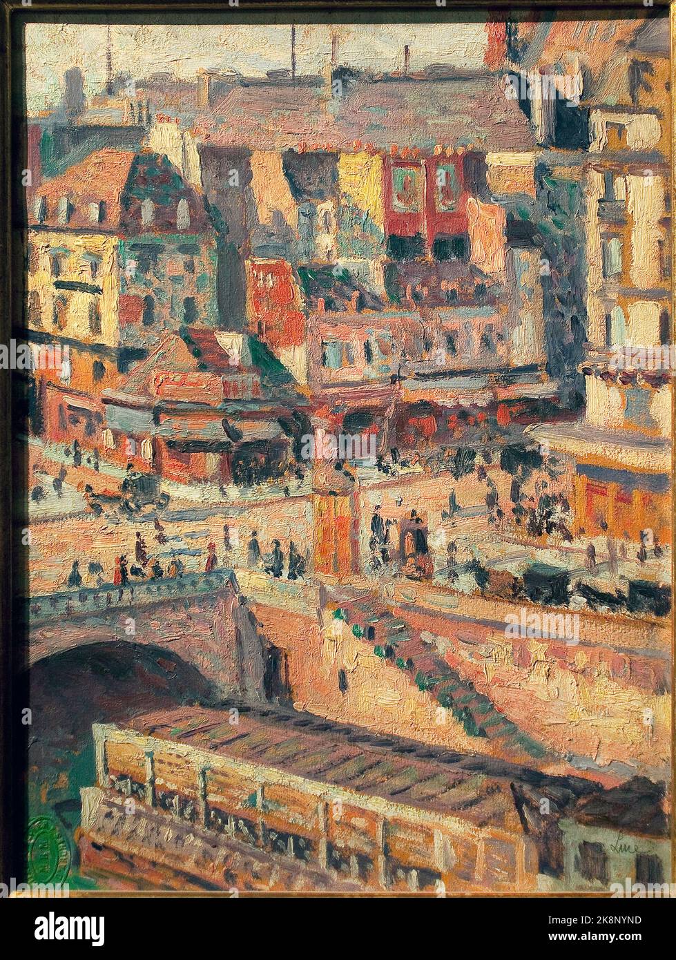 La Cite et le pont Saint Michel (Paris, Frankreich). (Description de l'angle du Boulevard du palais et du quai des orfevres, peu avant la demolition en 1905, de ses vieilles maisons pittoresques, sacrifies aux agrandissements du palais de Justice. ) Peinture de Maximilien Luce (1858-1941), huile sur toile, Vers 1903. Art fancais, Debüt 20e Siecle, neo impressionnisme. Musee Carnavalet, Paris Frankreich. Stockfoto
