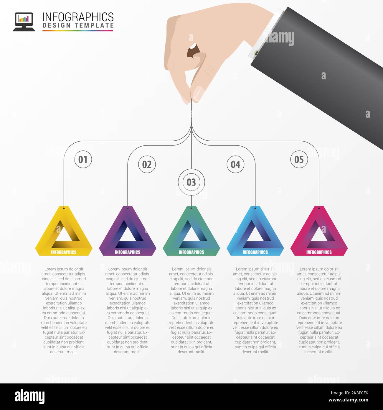 Infografik mit dreieckigen Fahnen auf grauem Hintergrund. Vektorgrafik Stock Vektor
