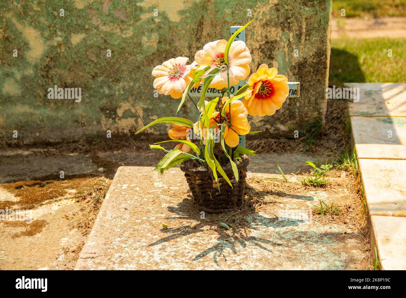 Aparecida de Goiânia, Goias, Brasilien – 23. Oktober 2022: Eine Vase mit künstlichen Blumen über einem Betongrab auf einem Friedhof. Stockfoto